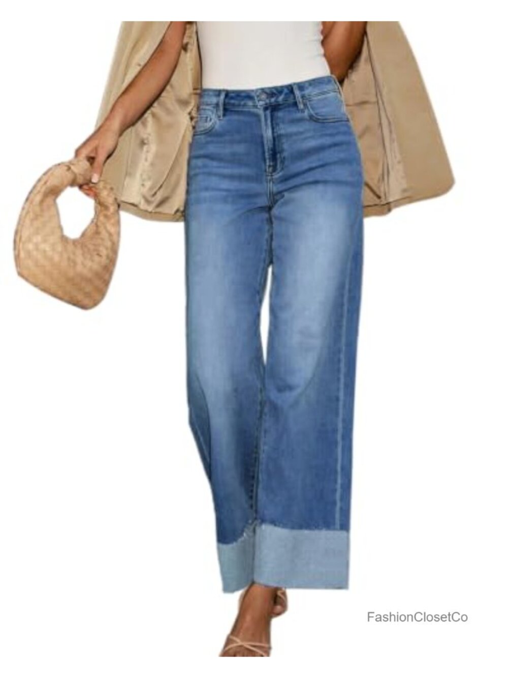 High Waisted Wide Leg Cuffed Jeans Women Raw Hem Frayed Stretch Cotton